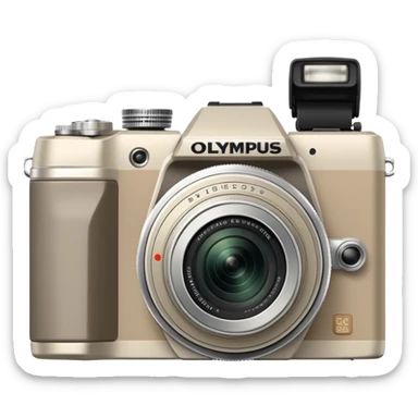 Extremely minimal Olympus Superzoom 70G camera from front view, grayish-beige color, simplified to basic geometric shapes, just hint of lens and minimal details sticker