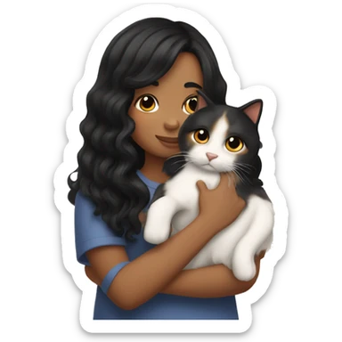 TAN SKIN GIRL with long black wavy hair and bangs HUGGING HER CALICO CAT  sticker