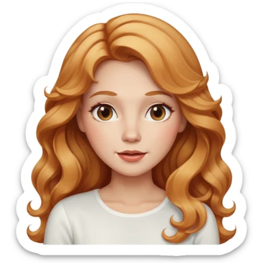 white adult woman with strawberry blonde super long wavy hair, white top, blushed cheeks sticker