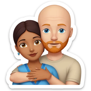Bald white male with ginger beard and blue eyes hugging indian brown woman with short DARK black hair sticker