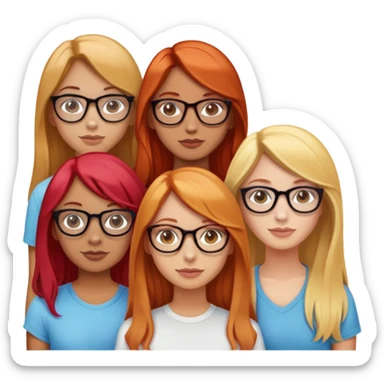 friendgroup of four girls. One of them with red straight hair and light skin. The second girl with tanned skin and long blonde hair. The third girl with long wavy hair and light skin. The fourth girl with glasses and medium length hair and also light skinned sticker