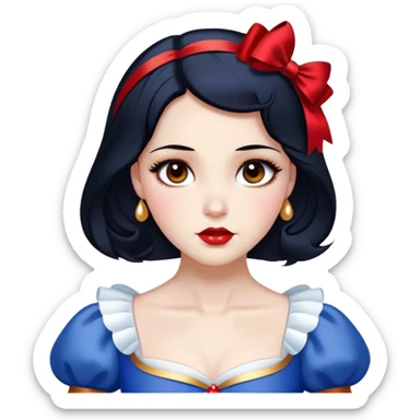 Cinematic Elegant Snow White Portrait Emoji, rendered in a realistic, vector-style with minimal shading and bold, simplified shapes. Depict Snow White (chest and above) with flawless porcelain skin, expressive deep brown eyes, and lustrous raven hair neatly styled with a red bow, wearing her classic blue and gold dress. The image glows with a soft, pure radiance and high shine, capturing timeless beauty and gentle grace. sticker