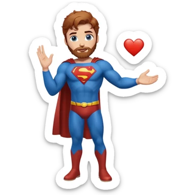 Adult-tall-full body- Superman-with redish brownish messy hair-full neatly trimmed beard-blue eyes-hand heart  sticker