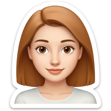 Young woman in her 20s with oval face, soft features, friendly bright smile, large light brown eyes, defined eyebrows, straight nose, medium lips, long straight light brown hair, wearing a white top sticker