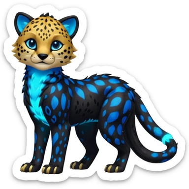 Realistic Obsidian-pitch-black fur body with neon-glowing-blue ring-markings Grem2-Gremz-Cheetah-Sergal-fusion, full body  sticker