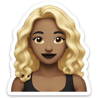 Girl with long wavy blonde hair eyes closed smiling black tank top and black makeup sticker