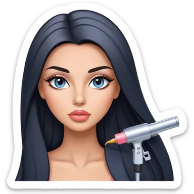 Glamours, tanned, very beautiful girl, with big pump peach-beige-rose lips, long long lashes, black straight smooth silky long hair, straight parting hair, blue-grey eyes sticker