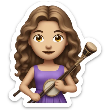 White woman standing with long flowing purple dress and long wavy brown hair holding a small handheld frame drum and a drum beater sticker