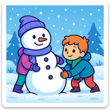 Show two different kids (different hair and clothing colors) building a snowman in a snowy background, keep the sticker style sticker