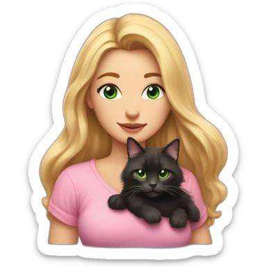 woman with green eyes and long wavy blonde hair and big boobs in a pink shirt is holding a very fluffy and fat black and tortoiseshell cat sticker