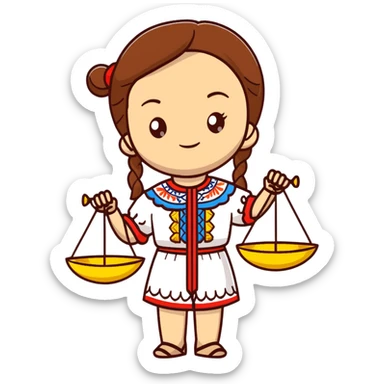 Ukrainian girl with brown hair wearing traditional embroidered shirt (vyshyvanka) holding scales of justice in her hand sticker