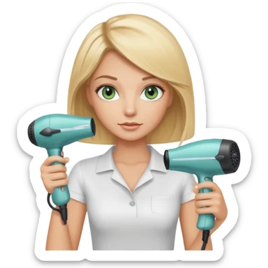 Blonde bob girl hair stylist with blue green eyes holding a hair dryer sticker