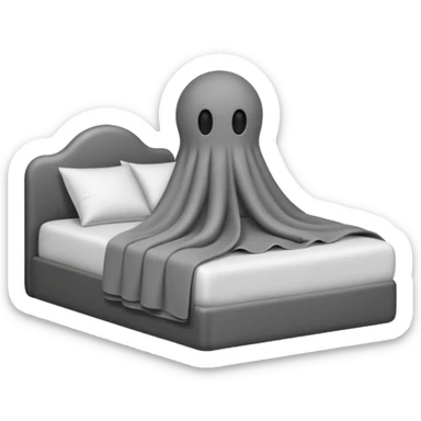 Minimalist emoji-style sticker of a bed with a covered figure and something strange peeking out from underneath. Grayscale only, simple icon.

 sticker