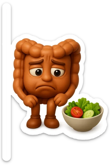 EMOJI STILE IPHONE DI UN INTESTINO UMANO ANATOMICO CHE GUARDA UN INSALATA CON ESPRESSIONE TRISTE E RASSEGNATA IN VOLTO: SOFFRE LA FAME PERCHé è A DIETA, FAGLI ANCHE LA PARTE BIANCA DEGLI OCCHI, NON SOLO LE PUPILLE, IPERREALISTICO 4K sticker