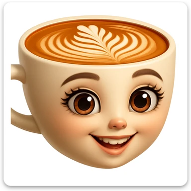 Edita la imagen para que el personaje de la taza de café  MANTENGA exactamente su estilo original,  y colores según la imagen de referencia. ELIMINA FONDO PARA QUE QUEDE TIPO EMOJI NO DBE TENER CUELLO. sticker