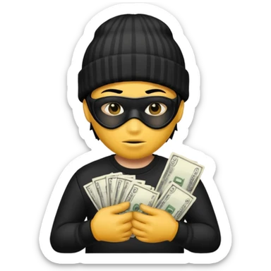 A yellow guy with a black beanie white shirt with black stripes a black mask for it's eyes and holding a money bag with yellow hair sticker