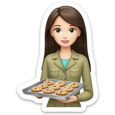 A white Barbie girl with long dark brown straight hair in a pale olive clothes holds a Baking tray with cookies sticker