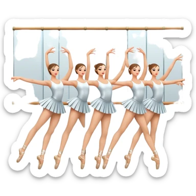 Icon for Choreography: a group of dancers in identical poses, standing by a wall with all wall long mirror, holding a long barre with one hand. The icon should capture the discipline and synchronized movement of dance training. Transparent background. sticker