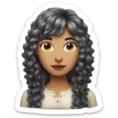 woman with long black curly hair and bangs and dark brown eyes sticker