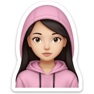 A pretty girl with light skin and long straight black brown hair, wearing a very light pink basic hoodie with brown eyes and makeup and a round face sticker