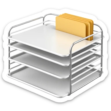 A minimal, clean emoji-style illustration of a white metal desk paper organizer tray, shown in slight isometric view so its structure is readable at a small scale. The organizer is rectangular with rounded corners, made of thin white metal wires, forming two to three stacked horizontal slots.
 sticker