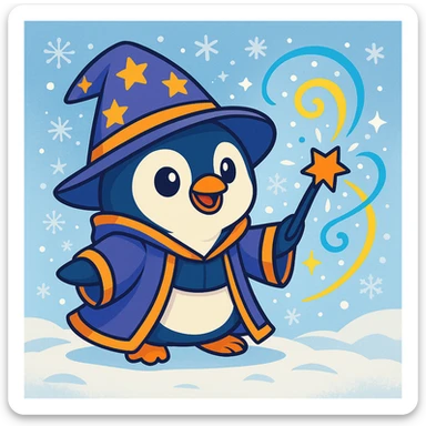 Add a snowy background behind the cute penguin wizard, keeping the colorful cartoon style. sticker