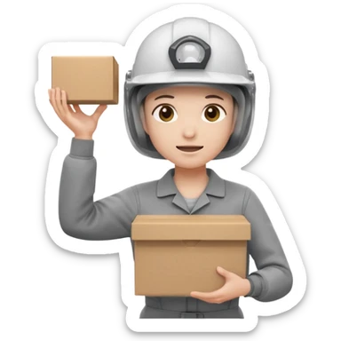 Tengo que dar una capacitacion de orgonomia, necesito un emoji de un operario con casco blanco y buzo gris de manga larga que levante una caja cerrada con las dos manos a la altura de los hombros y que tenga cara de esfuerzo fisico. Que no este saludando, las dos manos sosteniendo la caja sticker