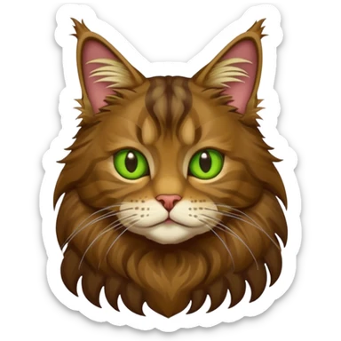 je veux un emoji chat main coon marron foncé  à poil long avec les yeux vert jaunes, en entier assis stp  sticker