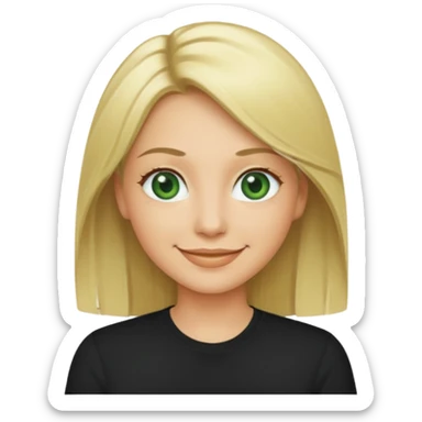 40 yr old blonde straight hair green eyes black shirt smiling sticker