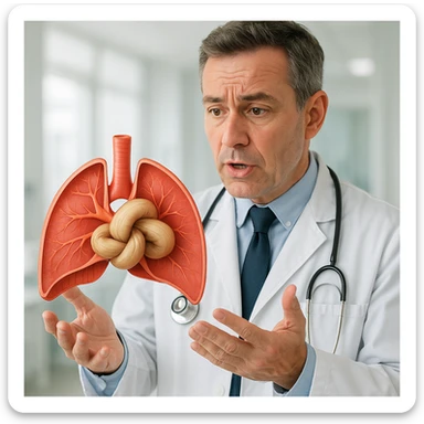 realistic doctor holding a stylized diaphragm with a large knot, explanatory expression, realistic details, bright clinical environment, no comic elements, hyper realistic style sticker