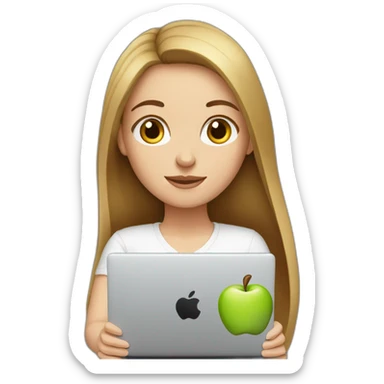white girl with brown straight long hair and apple laptop sticker