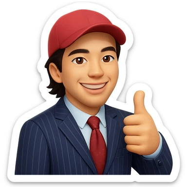 Create a 50% realistic emoji of a smiling man in a pinstripe suit and red cap, giving a thumbs up. The style should blend emoji and realism, capturing the essence of the reference photo, with a transparent background. sticker