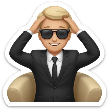 white man in formal suit wearing sunglasses resting with hands behind head sticker