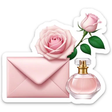 white rose next to a pearl-colored envelope and a flacon of aesthetically pleasing perfume in powder pink  sticker