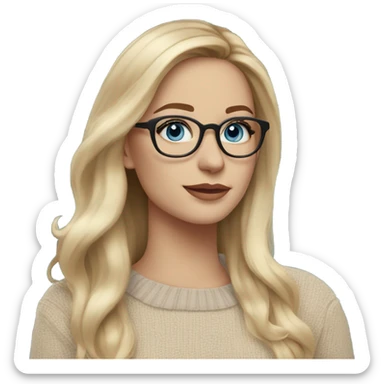 Photo Side profile Blonde balayage long hair white women beige sweater blue eyes fake lashes wearing glasses  sticker