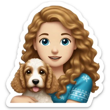 white girl with long brown hair and blue eyes wearing a christmas dress, holding a golden doodle puppy sticker