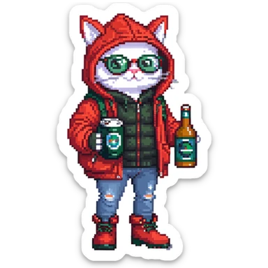 Catfish wearing red hooded winter jacket, round glasses, blue jeans, red boots, holding beer can with red label sticker