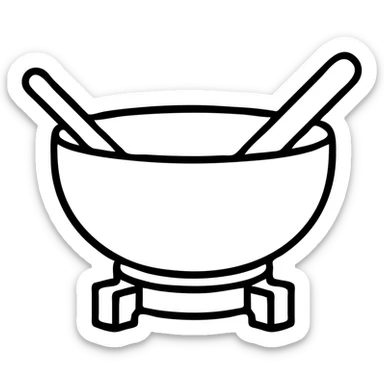 Make the green crystal singing bowl with mallet even more minimal, reduce details, keep only essential shapes, no background, in an outlined icon style with no fill. sticker