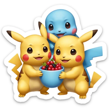 Two Pokémon are playing in a field. Pikachu has many berries, but Squirtle has none. Pikachu sees this is unfair, so he shares the berries with Squirtle. They smile and eat together. Show this as a cute Pokémon emoji scene about justice and fairness. sticker