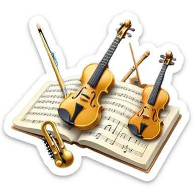 Create an artistic emoji that represents music arrangement and orchestration. The design should feature various orchestral instruments (drums, violin, electric guitar, synthesizer) and conductor's baton, musical scores. Incorporate flowing lines to represent harmony and orchestral balance, along with a subtle representation of sheet music. Use rich, classical colors like gold, silver, or deep blue, and create an atmosphere of sophistication and precision. The background should be transparent. sticker