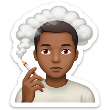 black man with short hair, light red eyes, high, holding a lit joint, smoke cloud sticker