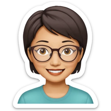 a middle-aged Asian woman with short hair wearing glasses and an impression sticker