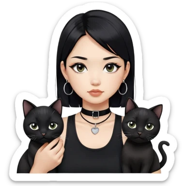 Asian cool girl, black hair, medium length.  Holding two BLACK cats. one cat has a round fat face, the other one has a slightly slimmer face. Both pure black.  The girl also wearing a black singlet, a black chocker, silver round hook earring, and wearing eyeliner.  sticker