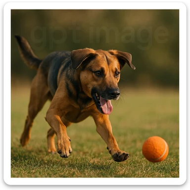  logo with text "gpt image" on the background of a dog chasing ball, realistic image sticker