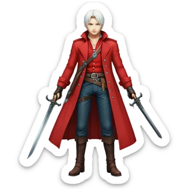 Dante from Devil May Cry with white hair, red coat, sword and pistols sticker