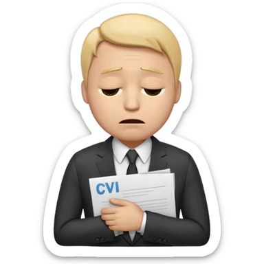  emoji character wearing a suit. face has a very sad crying, disappointed expression with drooping eyebrows and half-closed eyes. posture is dejected, with slumped shoulders just rejected from his interview to get a job, holding cv. dont relate to any gender sticker