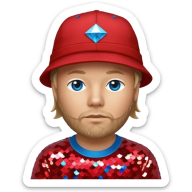 Fred Durst with long dark blonde hair, red sequin shirt and hat, blue eye sticker