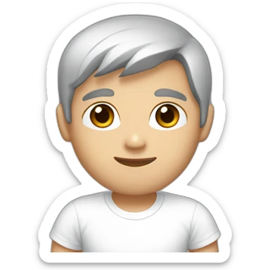 a young man with white skin, shorter black-brown hair and dark brown eyes wearing a white t-shirt sticker