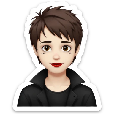 Happy pale Goth boy with shaggy brown hair, and messy black eyeliner , smudged, red, lipstick  sticker