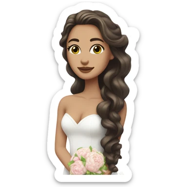 White bride with long wavy brunette hair and green eyes with light pink peonies in hair white skin  sticker